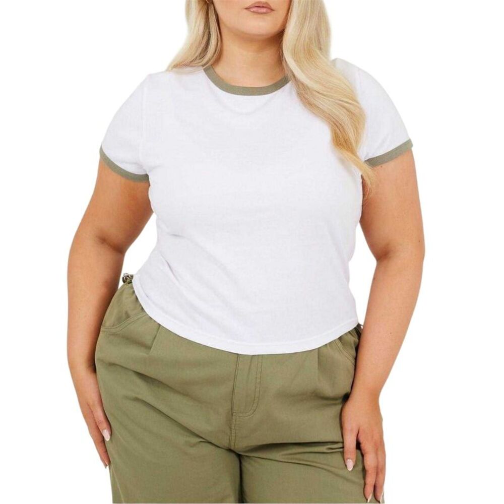 Brave Soul Womens/Ladies Ringer Crew Neck Plus T-Shirt / White/Khaki